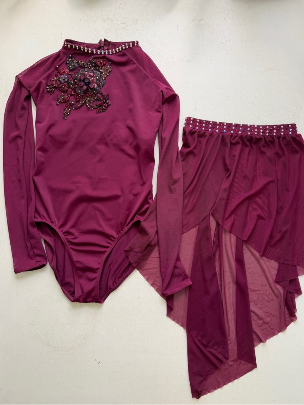 Burgundy Lyrical Beaded Dance Costume (leotard and sheer skirt)